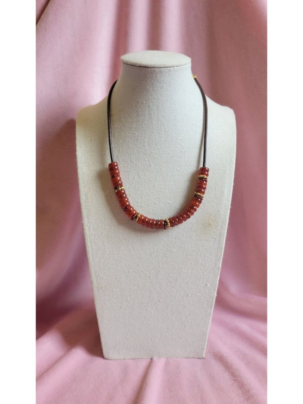 Vintage Carolee Signed Orange Glass Disk Beaded Cord Gold Tone Necklace N1F